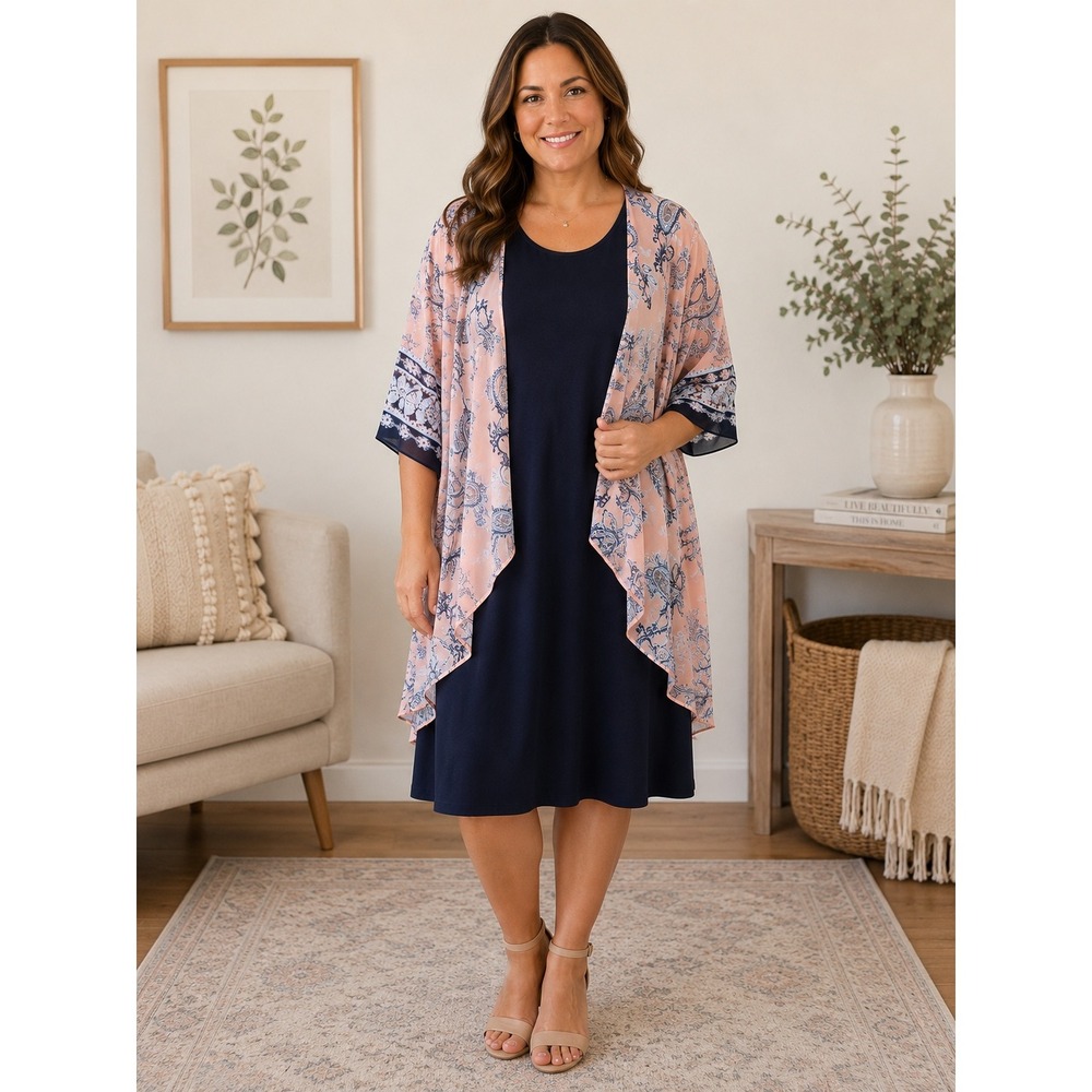 Sandra Darren Dress with Kimono Womens Large Navy Pink Church Office‎ Modest